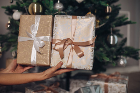 Fancy presents with ribbons near a lovely Christmas tree