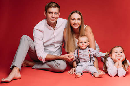 Happy Caucasian family with two children.の写真素材