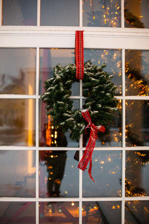 Christmas front door of a country house background.の写真素材