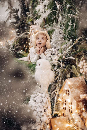 picture of wondered little girl in light clothes lies on a christmas decoration with trees and a little white owlの写真素材