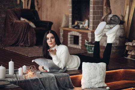 Gorgeous girl with long dark hair with little white dwarf.の写真素材