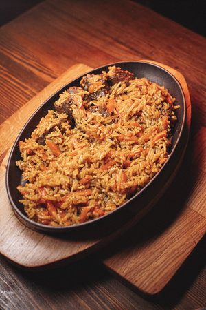 delicious pilaf with beef, beautiful foodの写真素材