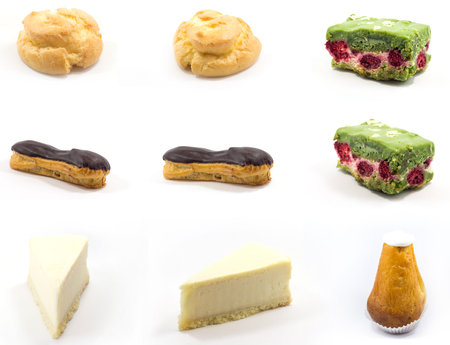 The set of many yummy pies and cakes: profiterole, eclairs, pistachio pastry, cheese cake, rum baba...
