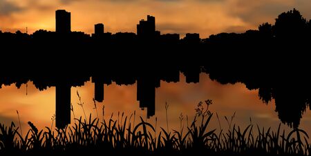 Silhouette picture of the sunset and reflections of the buildings on the water. Calm and peaceful city evening near the river.のイラスト素材