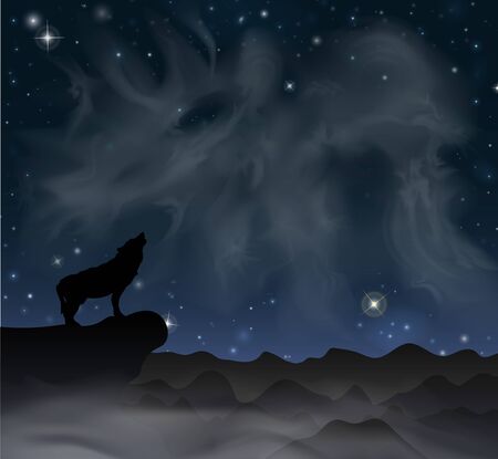 Mountain wolf howls at the moon under the sky with stars.のイラスト素材