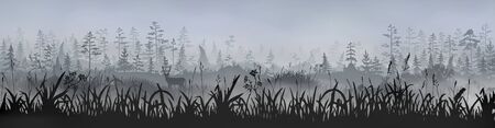 Grass field with a deer in front of the foggy grey morning forest. Vector long side image for banner, sticker, label, tag. Wildlife and eco nature forest background template.のイラスト素材