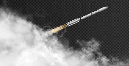 Rocket flying at the angle -diagonal- through thick smoke on the dark transparent background. Spaceship iinside realistic clouds. Vector 3d illustration.のイラスト素材