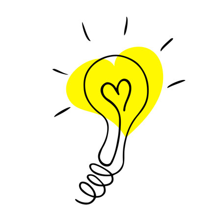 Light bulb flat icon with filament in shape of heart. Romantic and love ideas association. Doodle vector illustration in simple graphic styleのイラスト素材