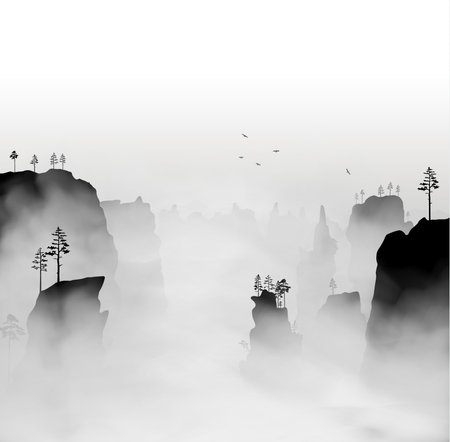 Grand canyon inside the dense fog at early morning. Beautiful landscape with monumental mountains and clouds of mist around it with birds flying up above the skyのイラスト素材