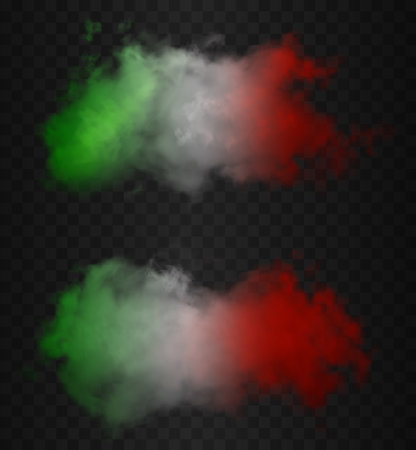 Set of two smoke clouds in the colors of the italyan flag. Green, white and red realistic colorful fog isolated on dark semi transparent background. Conceptual good quality vector illustration.のイラスト素材