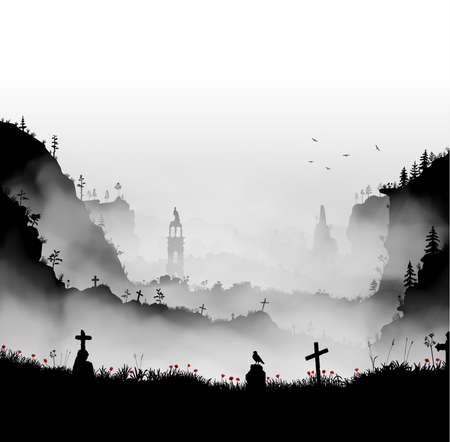 The valley of graves art inside fog clouds. Black and white landscape with gravestones, red pope flowers, grass, trees on the field and hills with mountains behind. Vector illustrationのイラスト素材