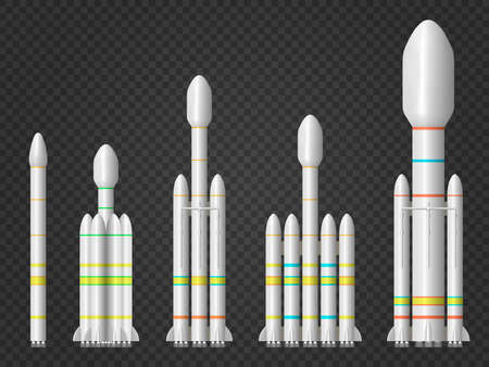 Set of the five vector realistic rockets isolated on dark transparent background. Light, medium and heavy rocket carriers for your work or designsのイラスト素材
