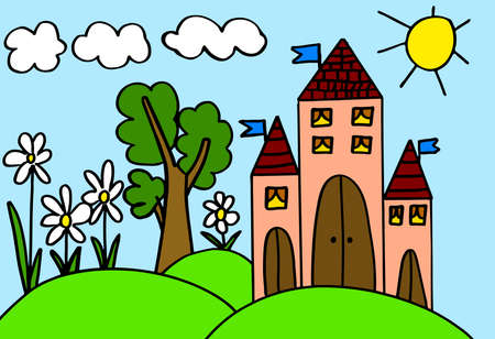 Graphic illustration for kids book, magazine, album, cover, site, banner, ptint. Simple style image with castle, trees, flowers, sky with sun and clouds on it. Baby activity worksheetのイラスト素材