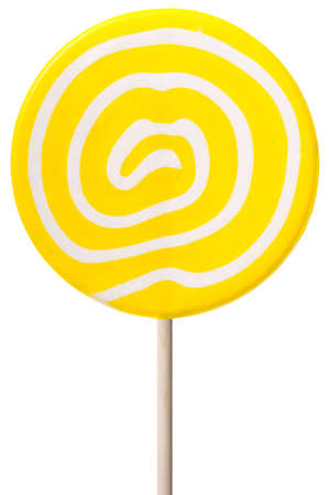 Round lollipop with yellow and white swirls isolated on white.の写真素材