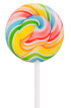 Round lollipop with colorful rainbow swirls isolated on white.の写真素材