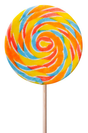 Round lollipop with colorful rainbow swirls isolated on white.の写真素材
