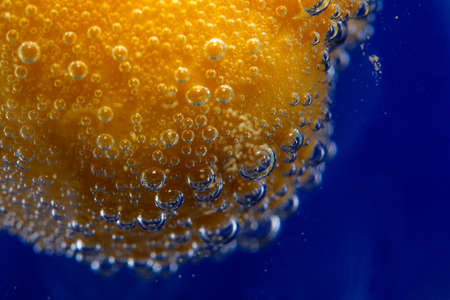 Apricot with bubbles in transparent water on a blue background. Fresh fruitの写真素材
