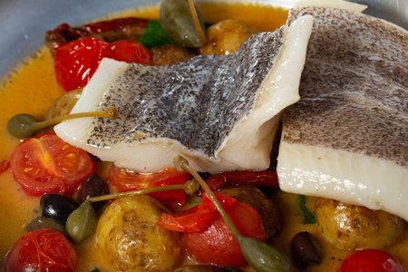 Pan fried halibut garnished with fennel seeds and spicy mustard sauce, served with fried cherry...