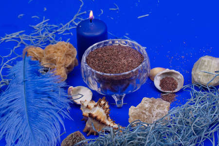 Spa products with sea shells and salt on blue background. Beauty treatment conceptの写真素材