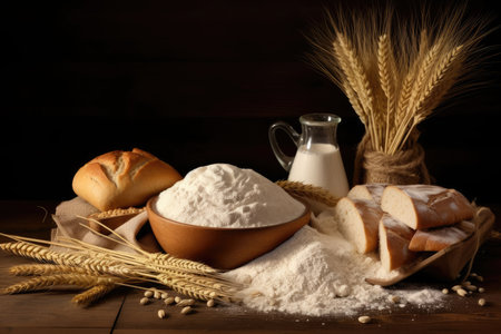 An eye-catching and dynamic composition showing the essential ingredients for baking bread, such as flour, yeast, oil, and wheat spikes, creating a vibrant and lively scene.の素材