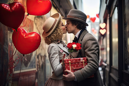 A romantic couple sitting close to each other, exchanging Valentine's Day cards, and sharing a tender kiss. The atmosphere is filled with love and affection.の素材