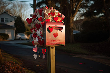 A vibrant red mailbox bursting with colorful Valentine's Day letters and love notes, set amidst a backdrop of festive decorations and blooming flowers.の素材