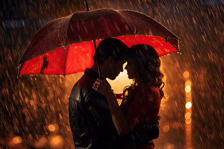 A romantic couple standing under an umbrella in the rain, holding Valentine's Day gifts. The image captures the warmth and affection of a couple in a rainy romantic setting.の素材