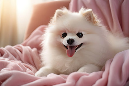A fluffy and cheerful white Spitz dog is sitting on a soft pink blanket in a cozy indoor setting, exuding a warm and inviting atmosphere. The happy pet adds a sense of comfort and joy to the scene.の素材
