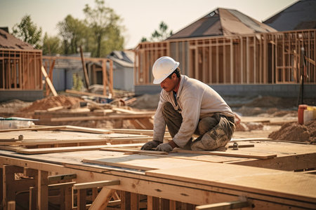 A builder demonstrating different stages of house building, from foundation to framing and finishing, providing a comprehensive narrative of the construction process.の素材