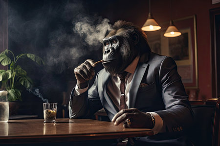 A powerful and stylish gorilla-headed figure enjoying a cigar in a vintage bar ambiance. The anthropomorphic character exudes strength and sophistication as it relaxes in the atmospheric setting.の素材