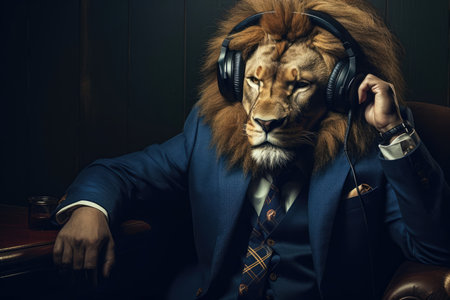 Witness the regal power and authority of the king of the jungle through this lion costume and headphones. The striking eyes and attention to detail symbolize strength and greatness.の素材