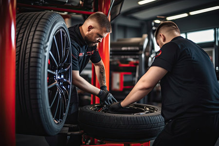 Skilled mechanic at a professional tire mounting workshop replacing a car wheel with precision and attention to detail, showcasing expertise and specialized equipment.の素材
