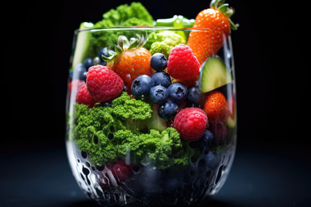 Capture the vibrant colors and textures of various fruits and vegetables as they blend into a nutritious smoothie in a glass, highlighting the beneficial elements of the drink.の素材