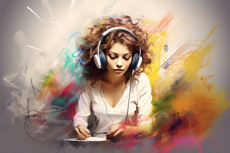 A talented female artist is deeply engrossed in music, while surrounded by her art supplies which include a notebook, pencils, and paints, seeking inspiration and creativity.の素材