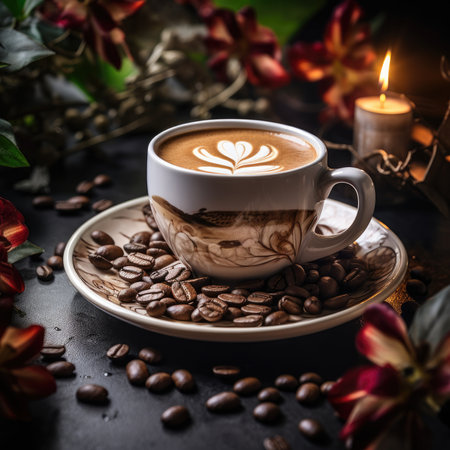 A warm and cozy scene with a beautifully decorated cup of hot coffee adorned with scattered coffee beans, creating an inviting and comforting atmosphere with a delightful aroma.の素材