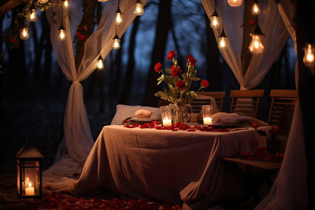 Capture the perfect Valentine's Day moment with a romantic outdoor dinner under the twinkling stars, creating a dreamy and intimate atmosphere for a memorable celebration of love.の素材