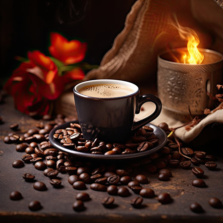 An inviting and cozy scene with a stylish cup of steaming hot coffee decorated with intricate foam art, accompanied by a scattering of aromatic coffee beans.の素材