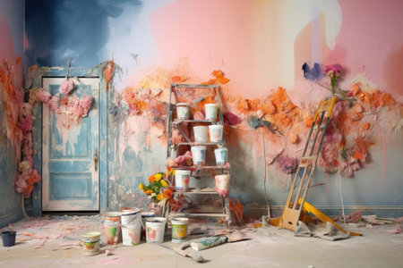 A chaotic yet visually captivating image of a creative interior renovation project, featuring a variety of colorful wallpaper samples and painting tools.の素材