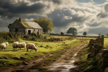 A picturesque view of rural landscapes with vast fields, lush meadows, charming farmsteads, and livestock farms, surrounded by peaceful rural dwellings.の素材