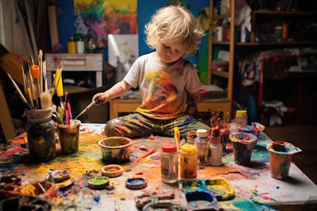 A little artist immersed in creative chaos, surrounded by colorful drawing, sculpting, and crafting materials in a playful and imaginative environment.の素材