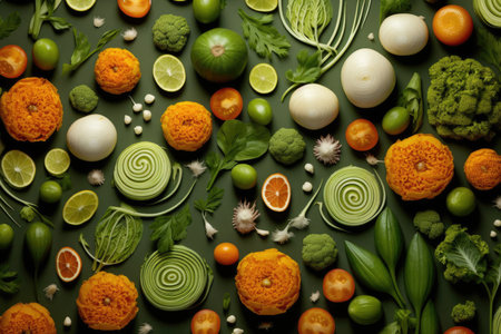 Bright and colorful assortment of various vegetables arranged in abstract patterns, ideal for promoting healthy lifestyle and nutrition in marketing materials.の素材