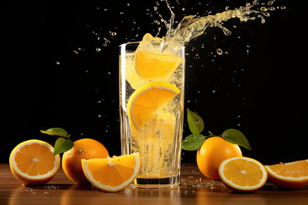 A high-resolution image depicting the process of pouring freshly squeezed juice into a clear glass, capturing the vibrant colors and refreshing nature of the beverage.の素材