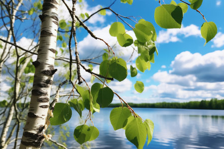 Scenic landscape photograph capturing the serene beauty of emerald green birch leaves and delicate buds against a backdrop of a sparkling blue sky with beautiful, wispy clouds.の素材