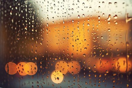 Capture the essence of coziness and tranquility with this stunning image of raindrops running down a window glass, creating intricate patterns, with a blurred view of the street outside.の素材