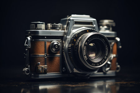 Elevate your photography with studio-lit shots emphasizing the intricate textures and design of cameras and lenses. Perfect for creating visually appealing advertising or stock photo content.の素材