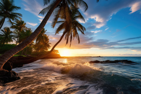 A serene, idyllic ocean landscape with palm trees swaying in the breeze, sun rays casting a warm glow, and a clear, blue sky overhead. The perfect tropical getaway.の素材