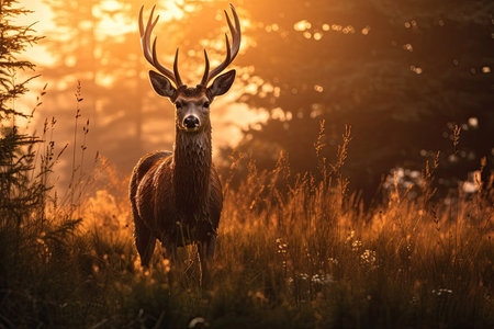 A magnificent deer is standing in the lush grass, illuminated by a soft morning sunlight, creating a tranquil and beautiful natural scene that depicts the serenity of the wilderness.の素材