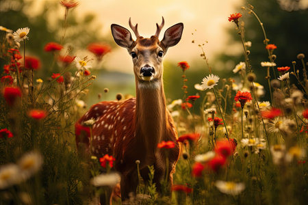 A magnificent deer stands peacefully in its natural habitat, surrounded by lush green meadow grass and colorful summer flowers, illuminated by soft, gentle lighting in a beautiful nature scene.の素材