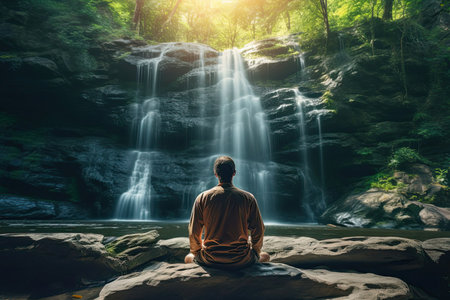 A person sits in a tranquil posture, meditating in the presence of a stunning waterfall, illuminated by the golden rays of the bright sunlight, evoking a serene and spiritual ambiance.の素材