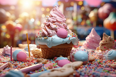 A delightful and colorful image featuring a variety of vibrant ice cream delights adorned with fluffy marshmallows and an assortment of colorful sprinkles, creating a tempting summer treat.の素材